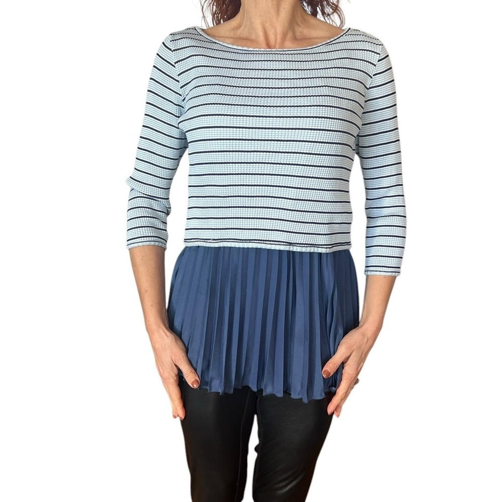PIAZZA SEMPIONE BLUE 3/4 SLEEVE KNIT PLEATED PEPLUM HEM LAYERED SWEATER TOP 40 4